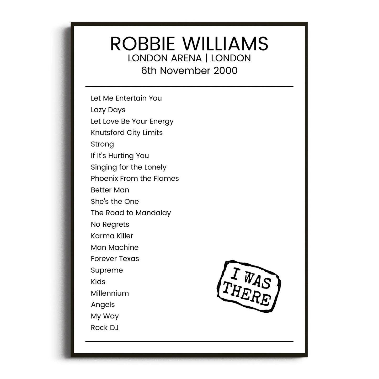 Robbie Williams London 06 November 2000 Setlist Poster