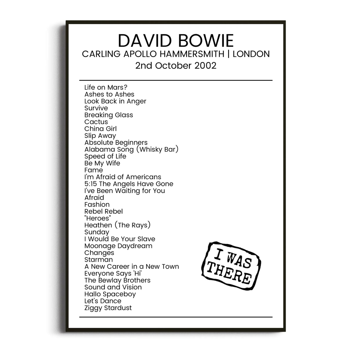 David Bowie London 02 October 2002 Setlist Poster