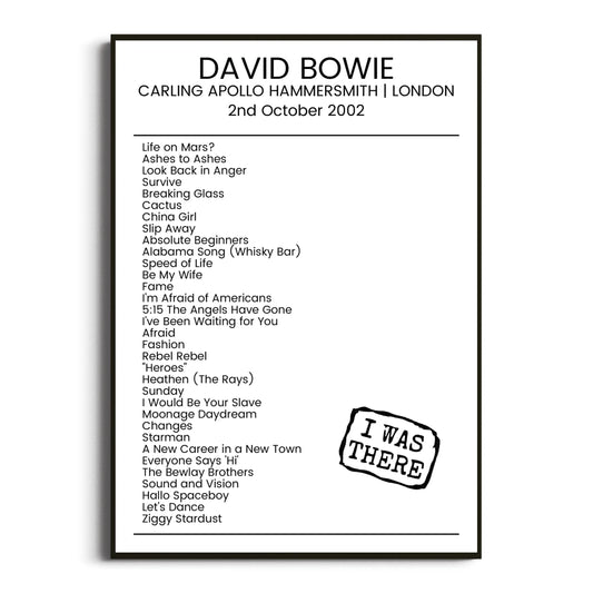 David Bowie London 02 October 2002 Setlist Poster