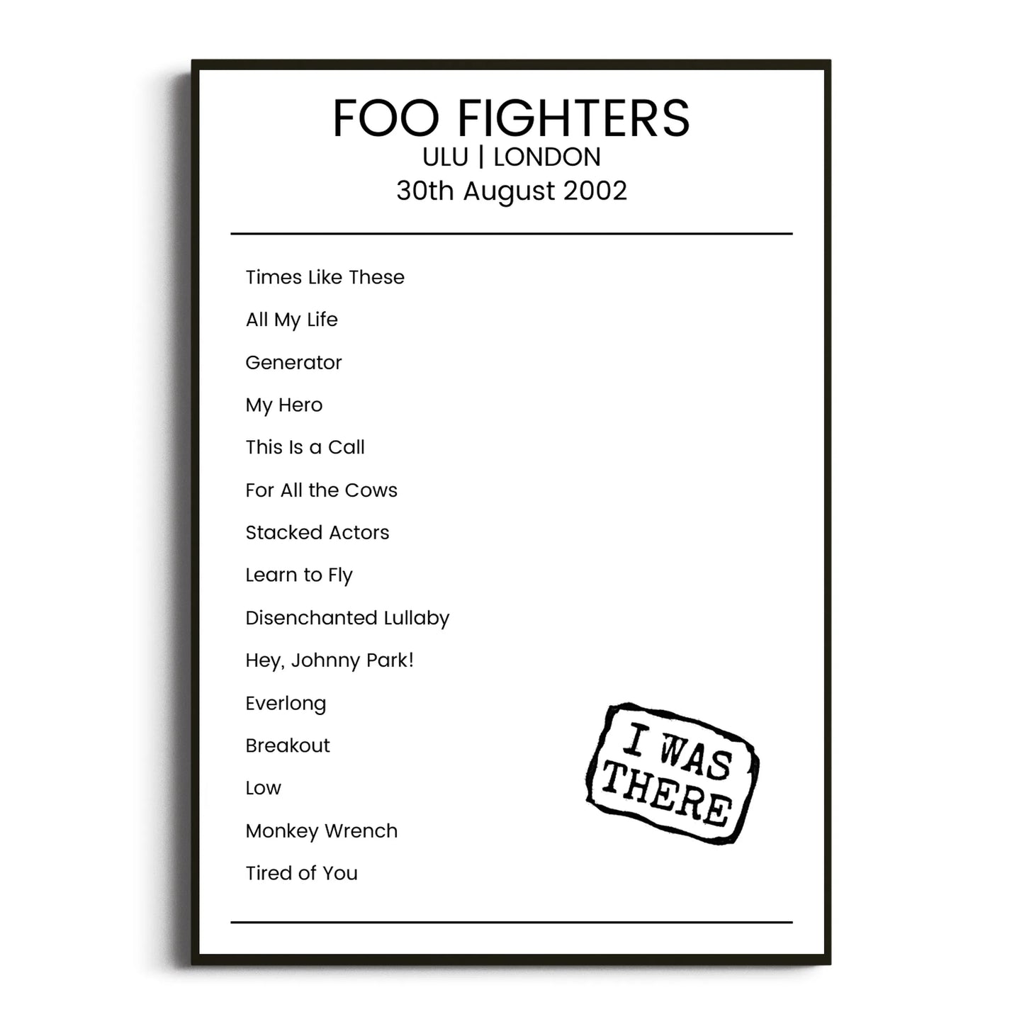 Foo Fighters London 30 August 2002 Setlist Poster