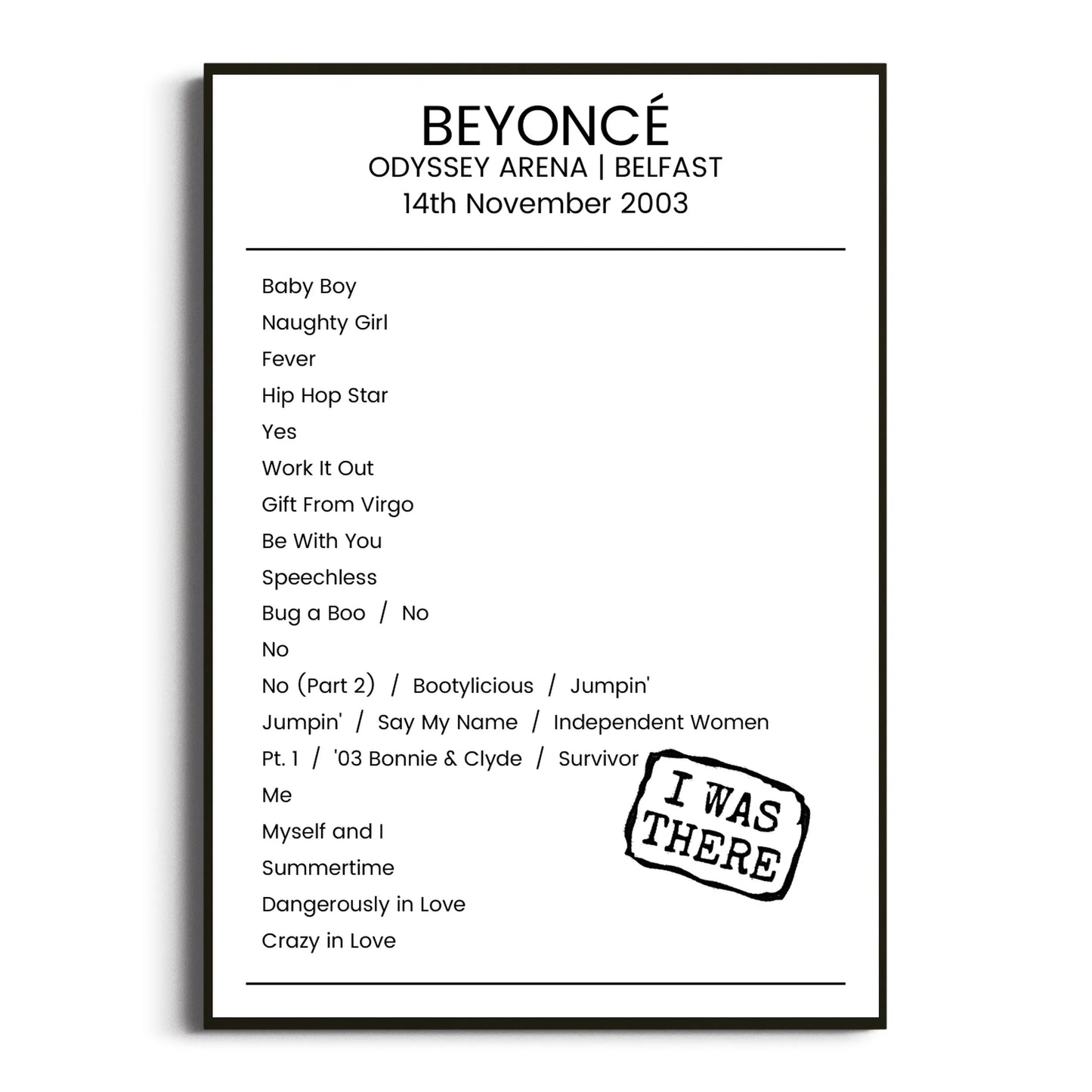 Beyoncé Belfast 14 November 2003 Setlist Poster