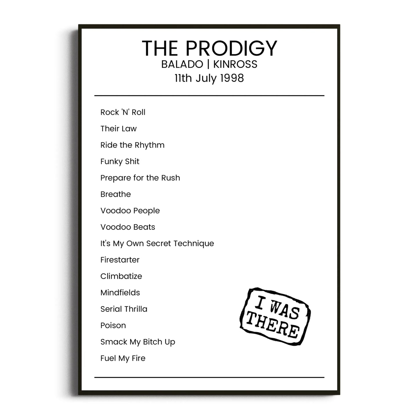 The Prodigy Kinross 11 July 1998 Setlist Poster