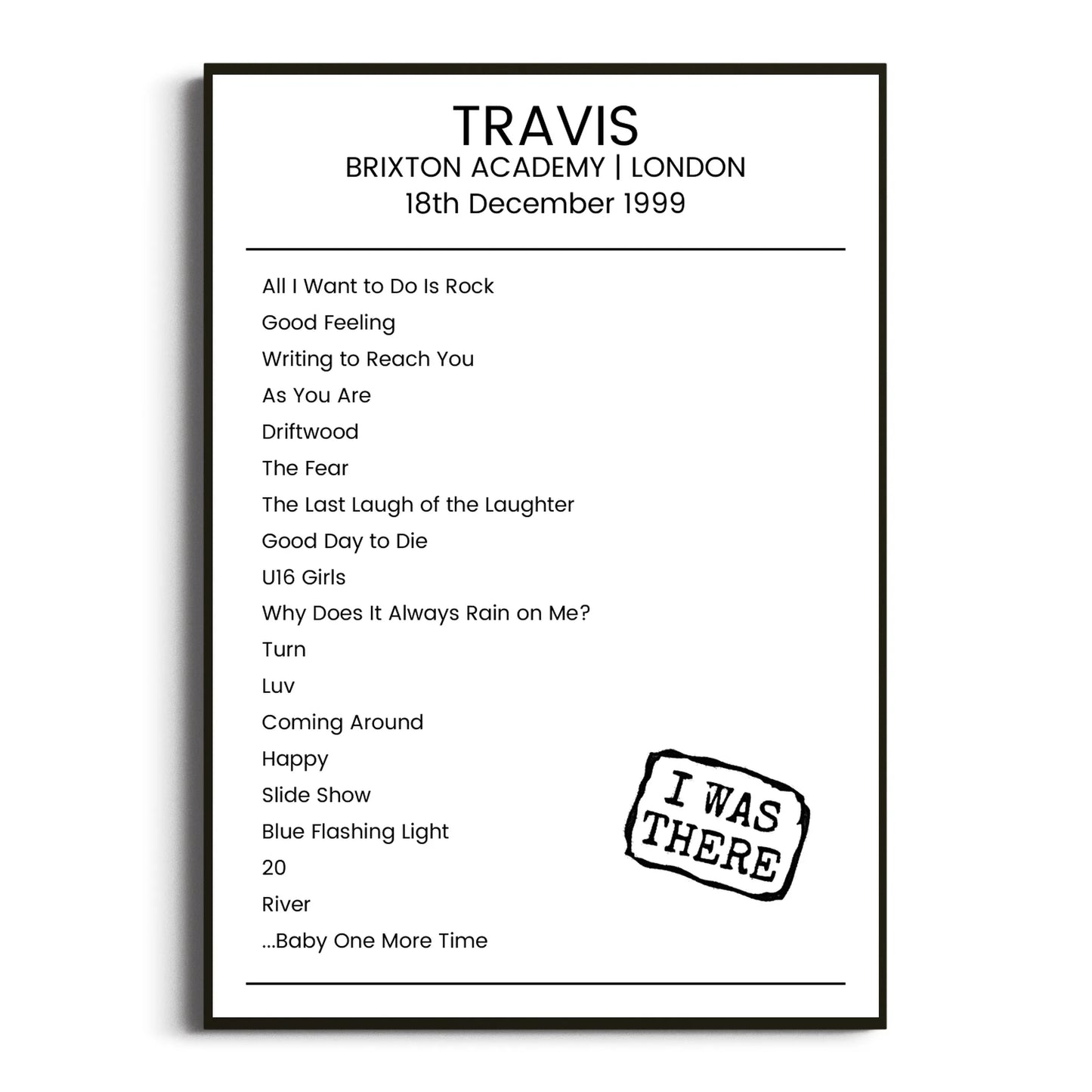 Travis London 18 December 1999 Setlist Poster