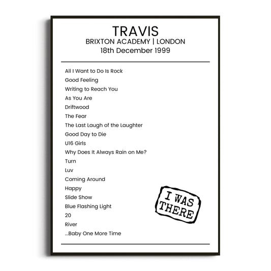 Travis London 18 December 1999 Setlist Poster