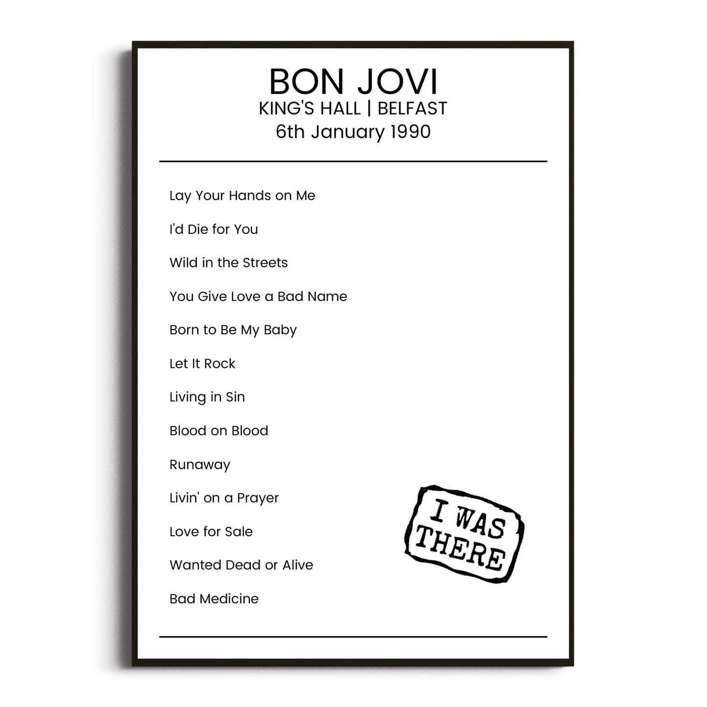 Bon Jovi Belfast 06 January 1990 Setlist Poster