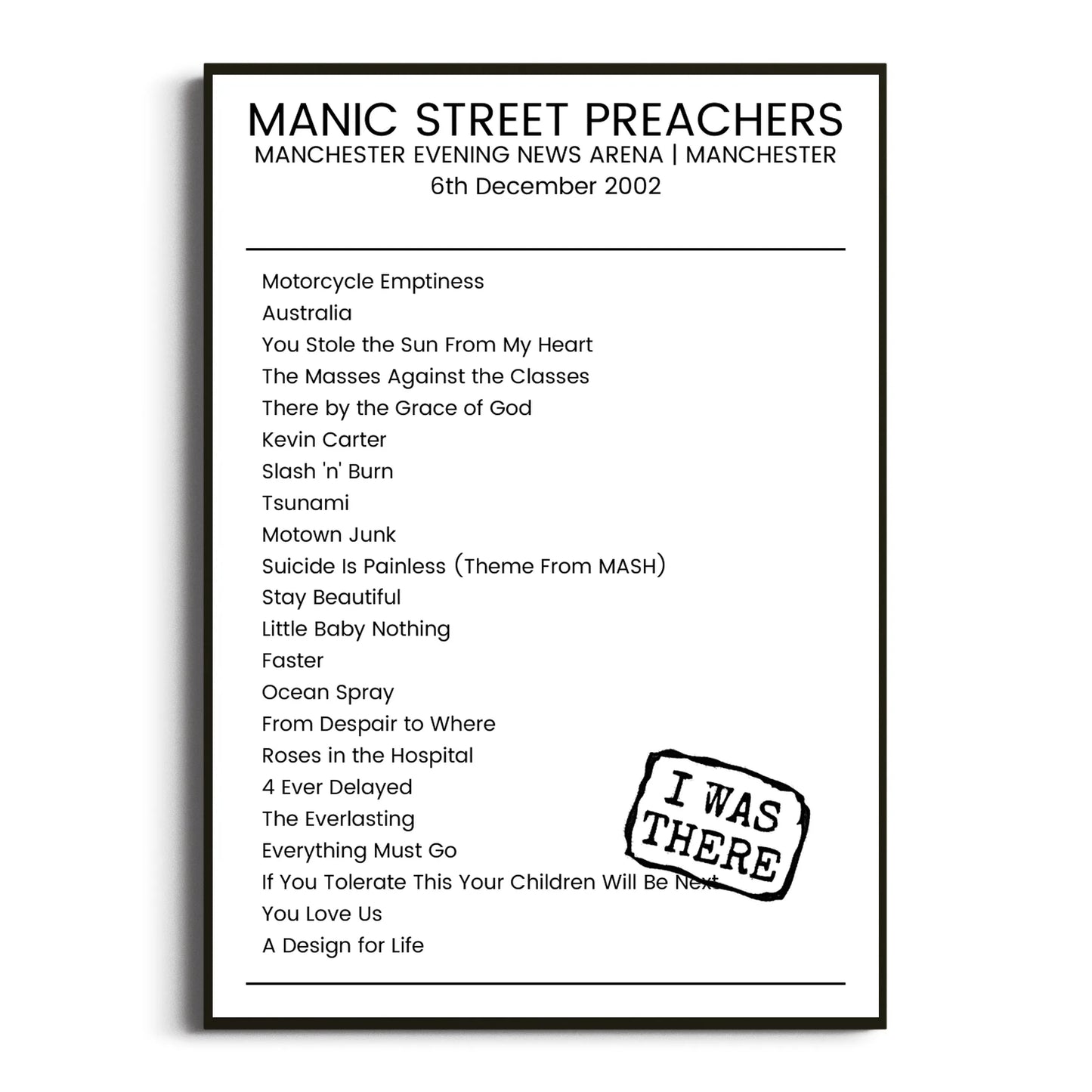 Manic Street Preachers Manchester 06 December 2002 Setlist Poster