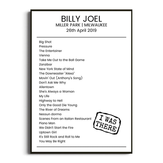 Billy Joel Milwaukee 26 April 2019 Setlist Poster