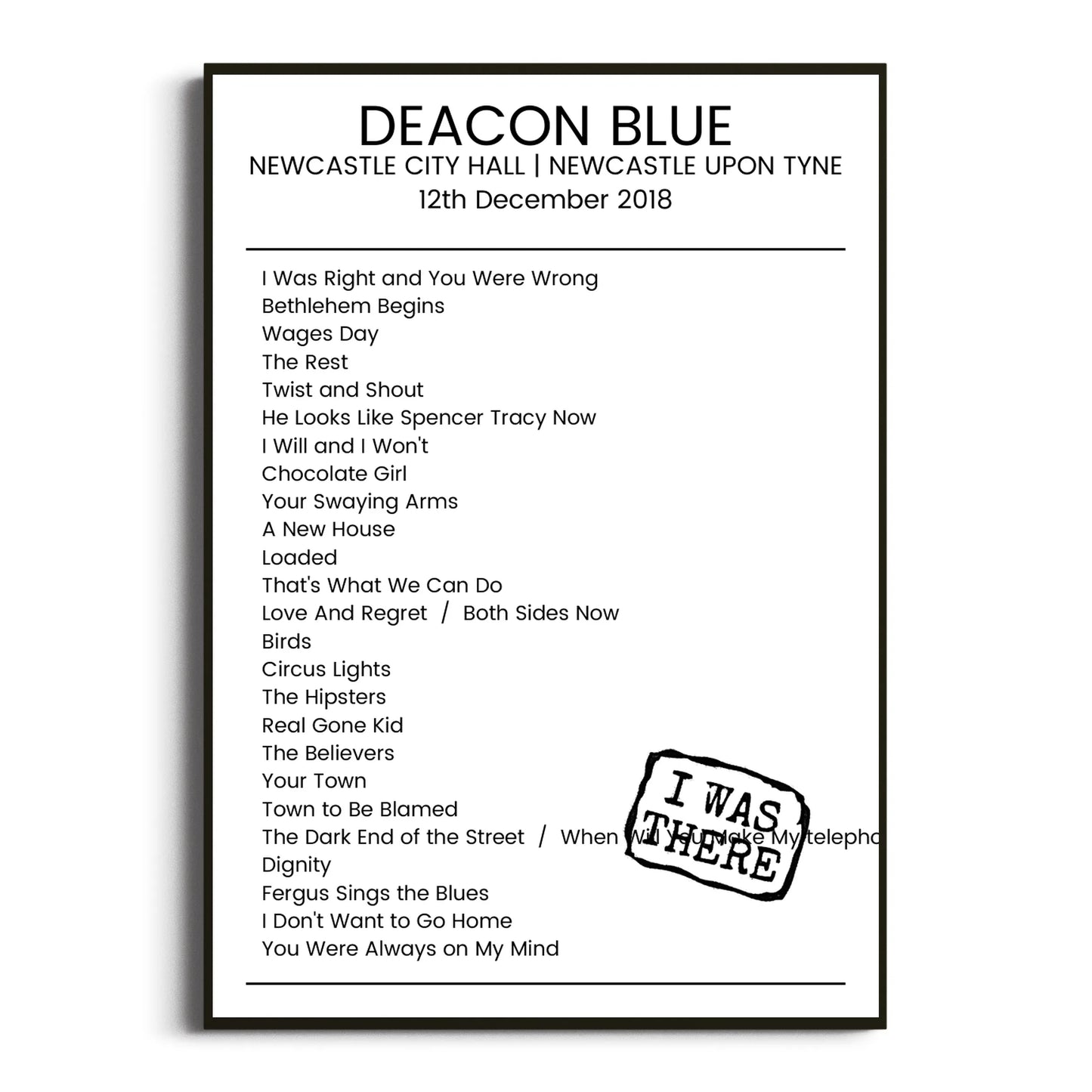 Deacon Blue Newcastle upon Tyne 12 December 2018 Setlist Poster