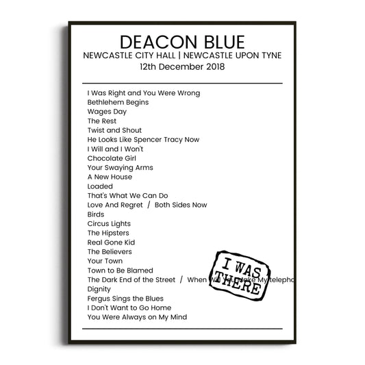 Deacon Blue Newcastle upon Tyne 12 December 2018 Setlist Poster