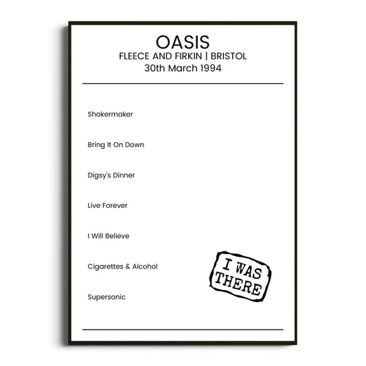 Oasis Bristol 30 March 1994 Setlist Poster