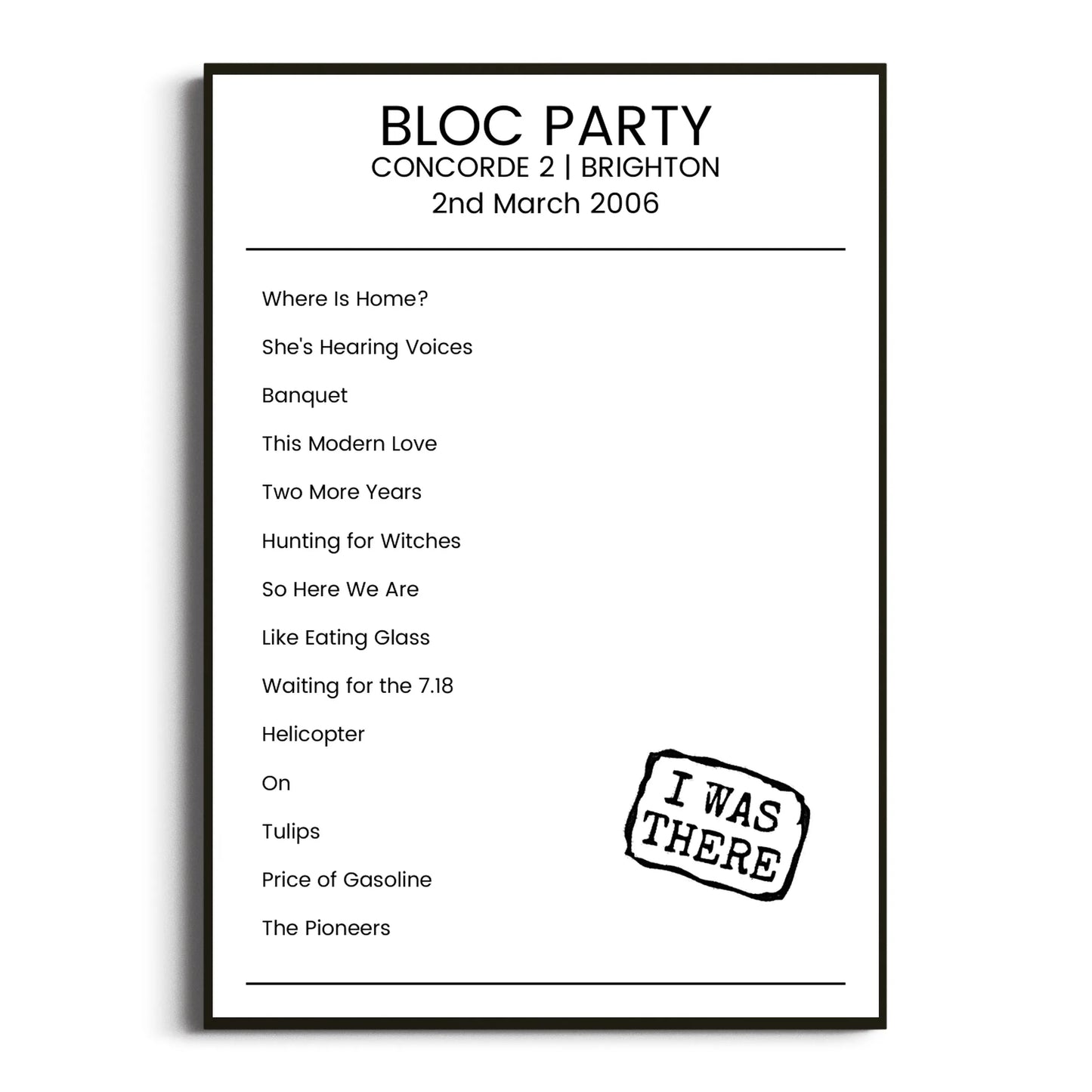 Bloc Party Brighton 02 March 2006 Setlist Poster