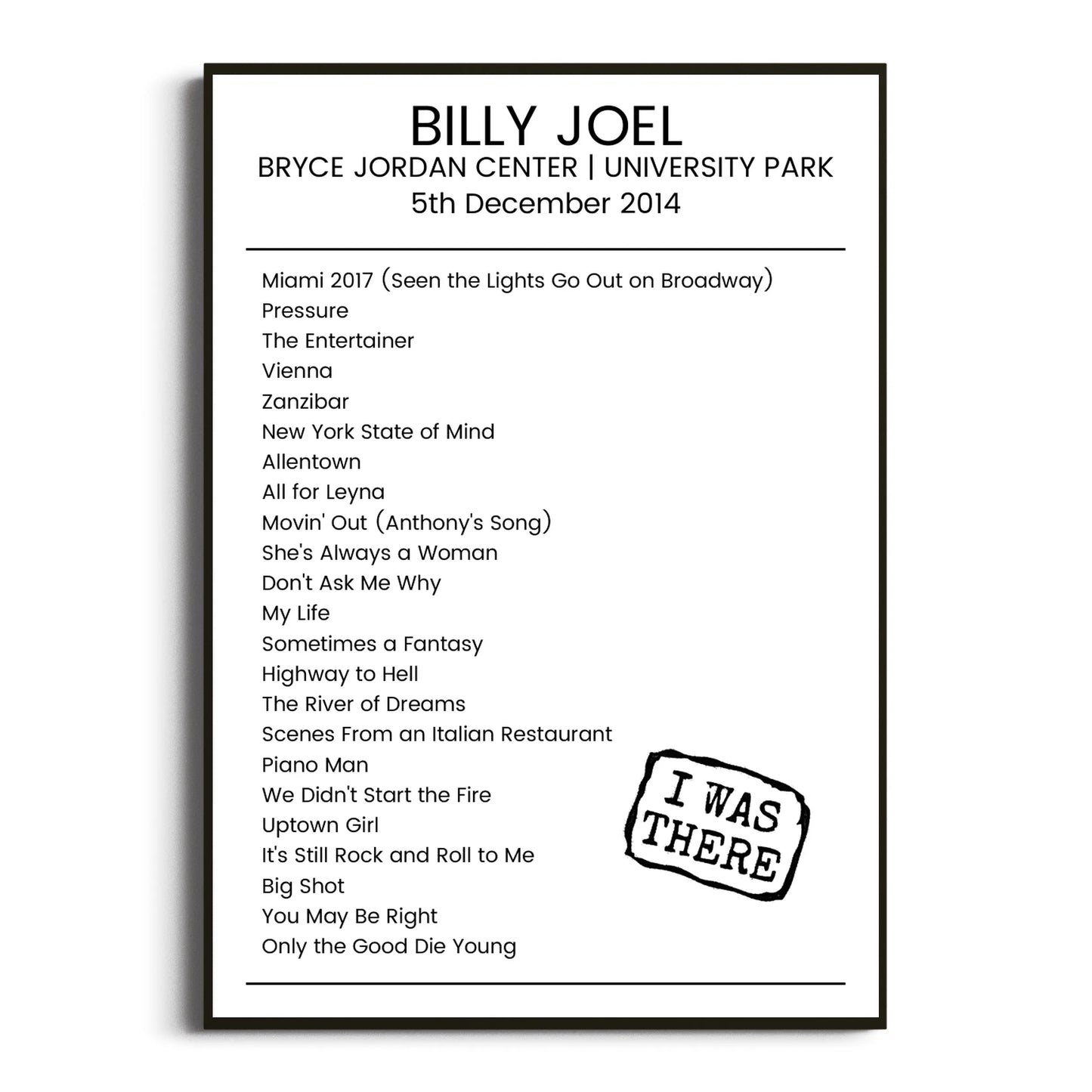 Billy Joel University Park 05 December 2014 Setlist Poster