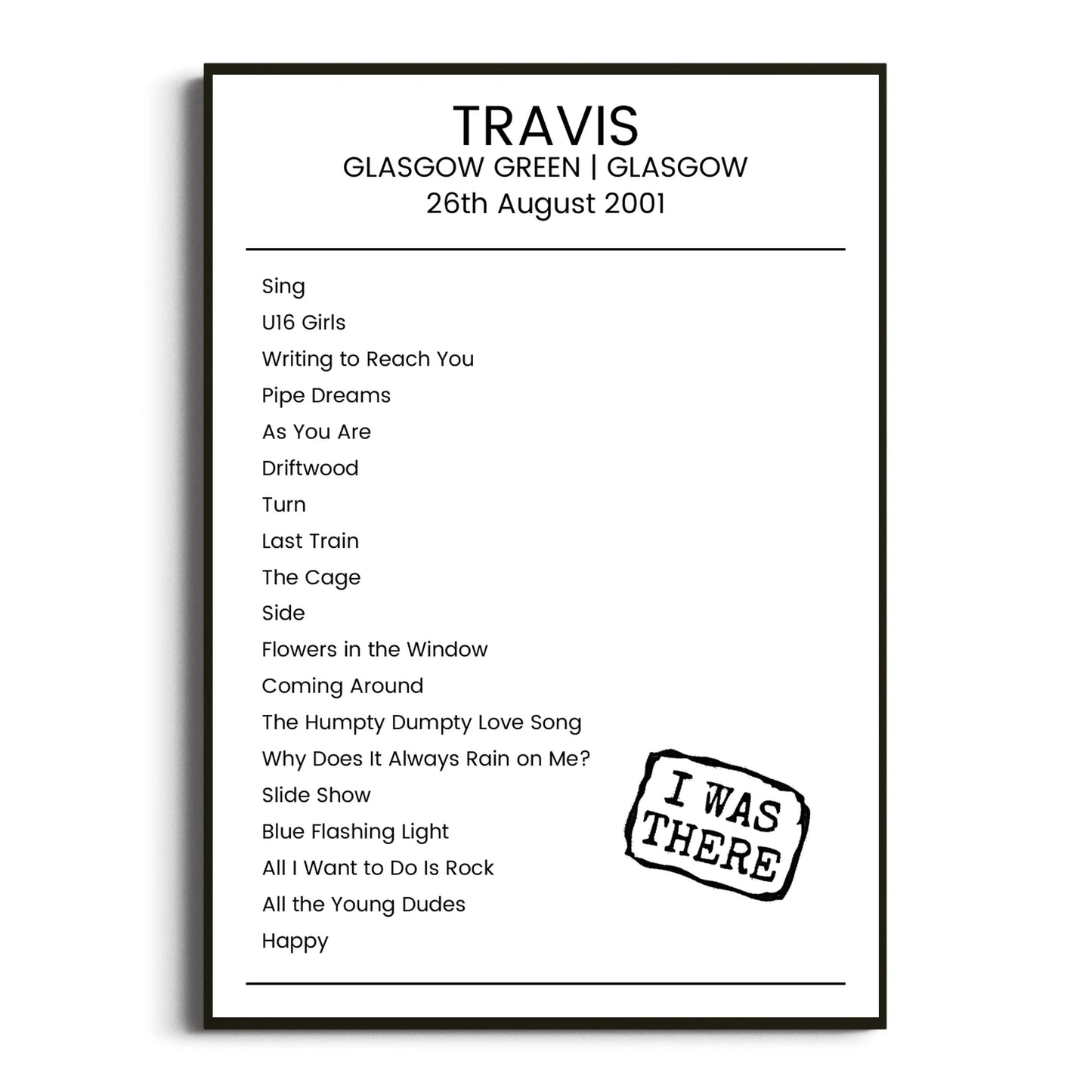 Travis Glasgow 26 August 2001 Setlist Poster