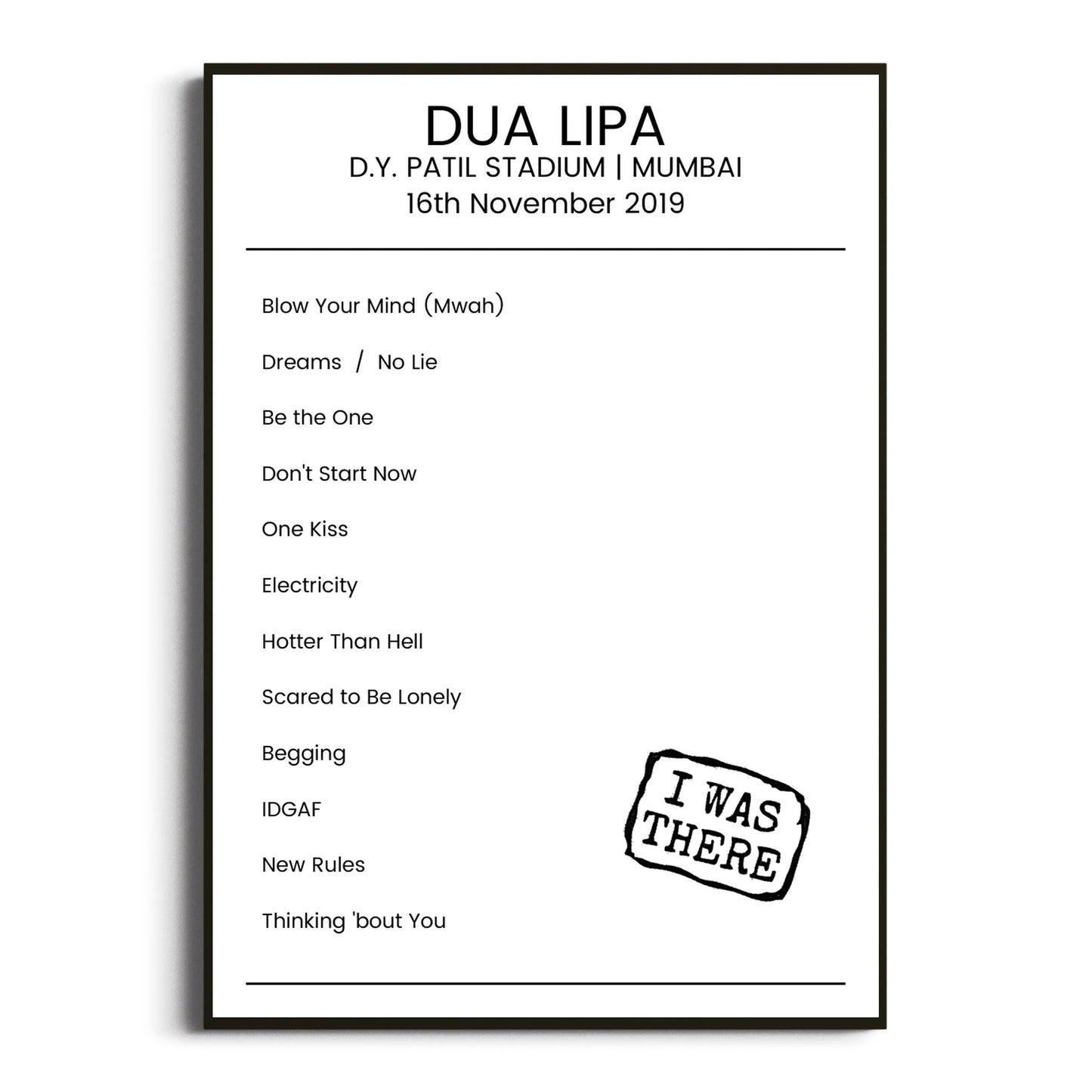 Dua Lipa Mumbai 16 November 2019 Setlist Poster