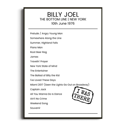 Billy Joel New York 10 June 1976 Setlist Poster