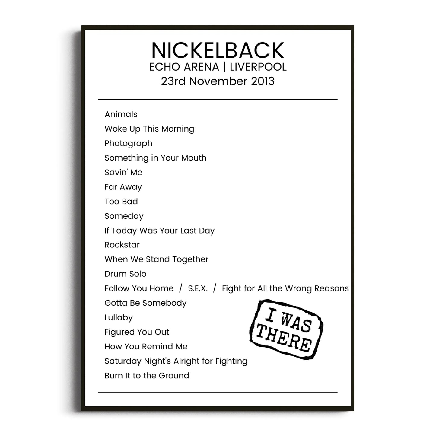 Nickelback Liverpool 23 November 2013 Setlist Poster