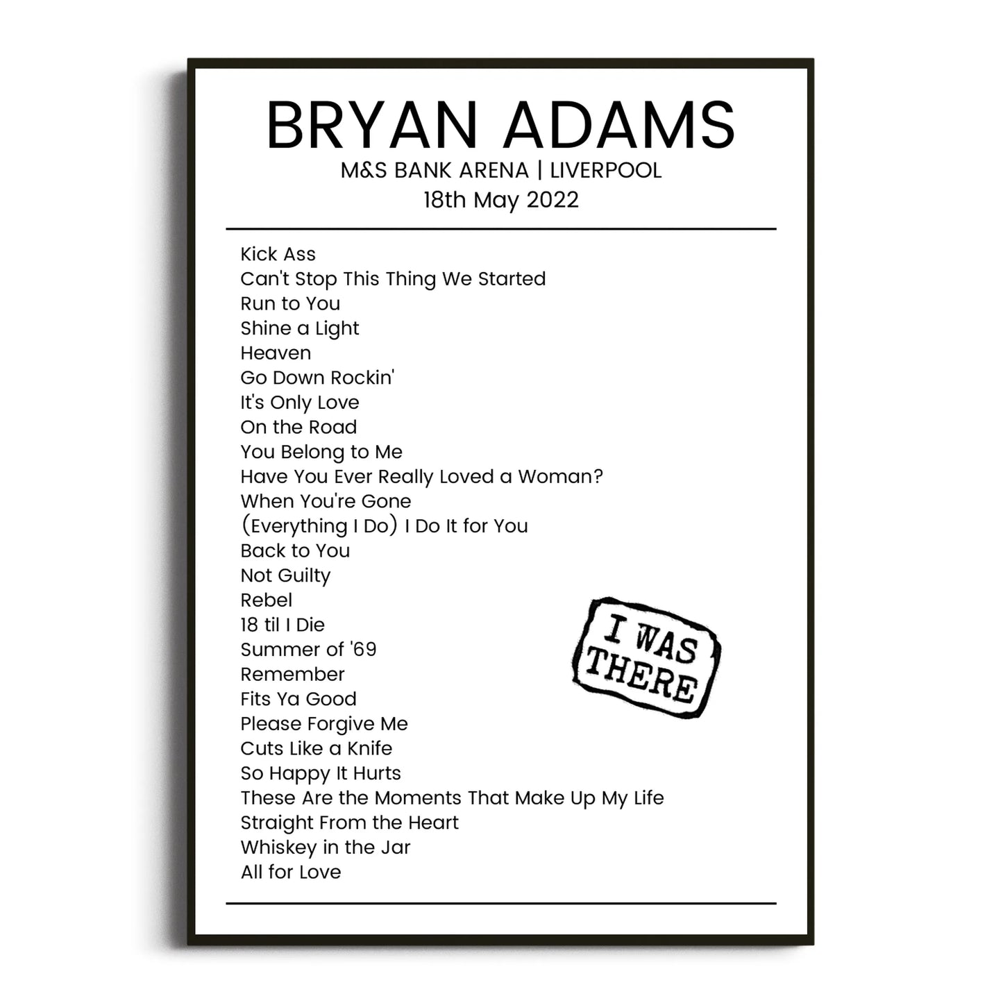 Bryan Adams Liverpool 18 May 2022 Setlist Poster