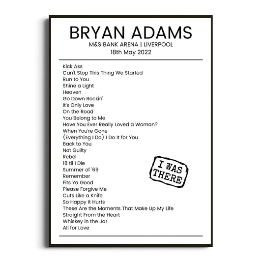 Bryan Adams Liverpool 18 May 2022 Setlist Poster