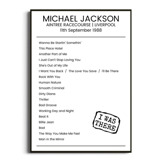 Michael Jackson Liverpool 11 September 1988 Setlist Poster