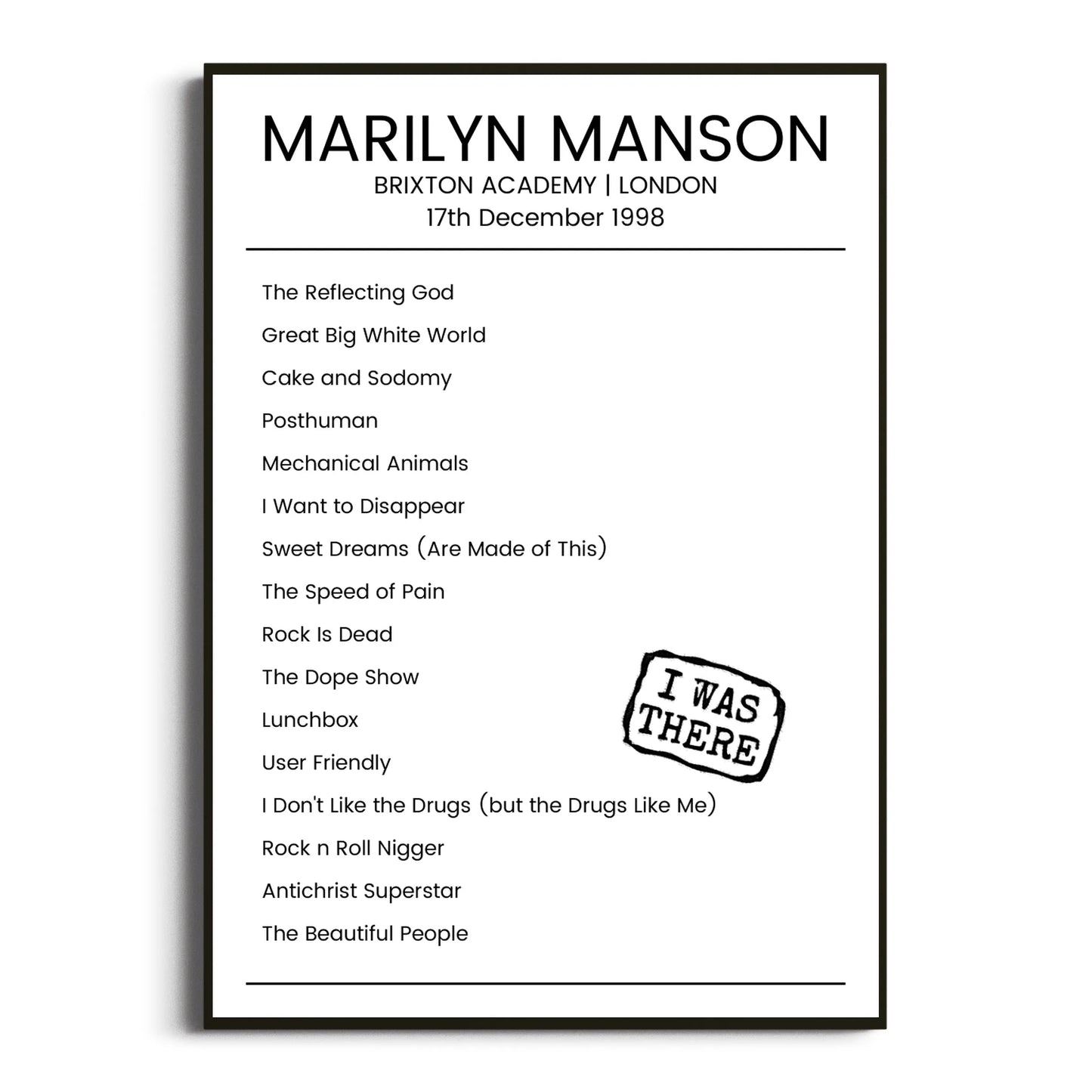 Marilyn Manson London 17 December 1998 Setlist Poster