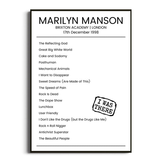 Marilyn Manson London 17 December 1998 Setlist Poster