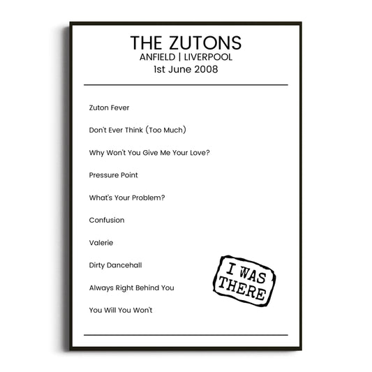 The Zutons Liverpool 01 June 2008 Setlist Poster