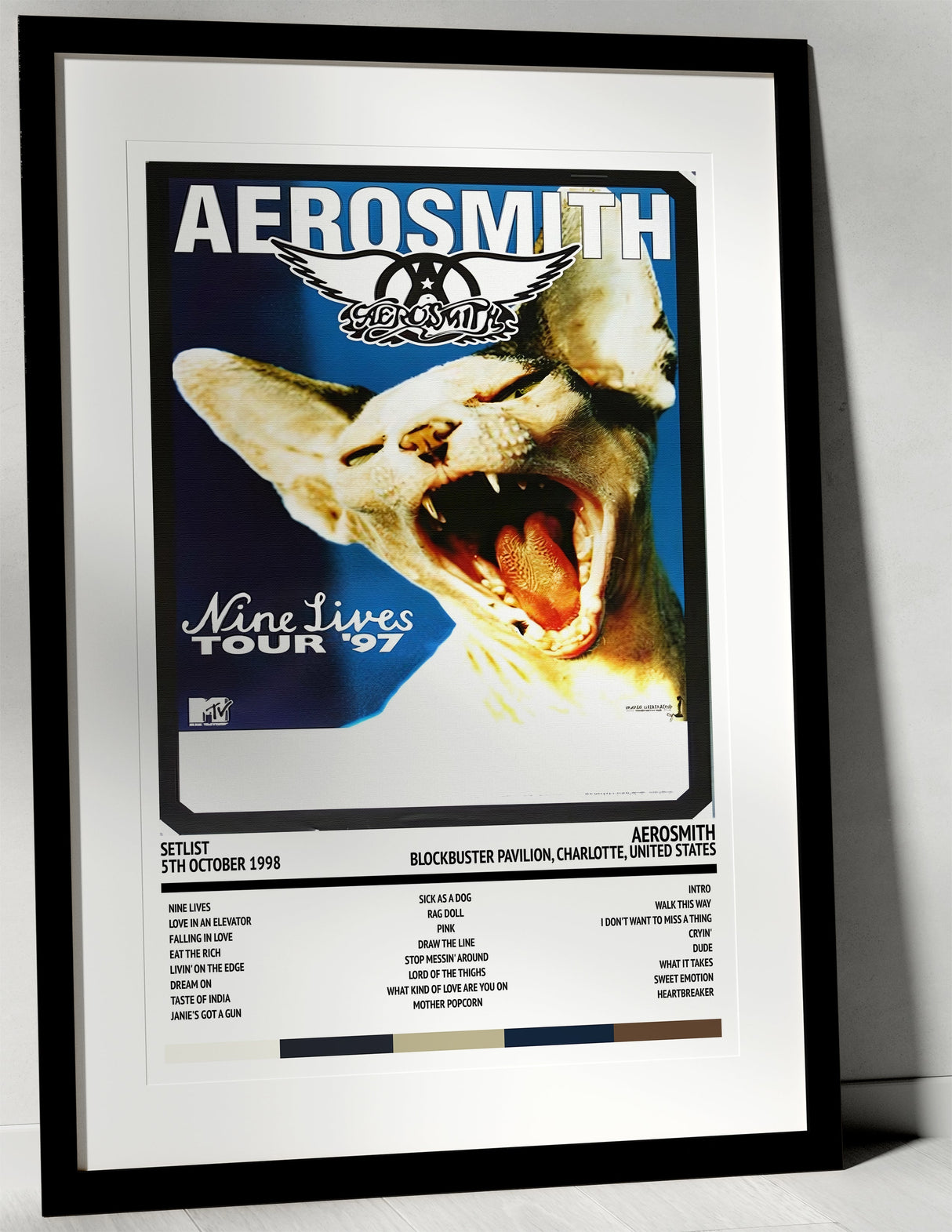 Aerosmith Nine Lives Blockbuster Pavilion Charlotte 5th October 1998 - Setlist Tour Poster - Setlist