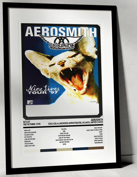 Aerosmith Nine Lives Coca - Cola Lakewood Amphitheatre Atlanta 3rd October 1998 - Setlist Tour Poster - Setlist