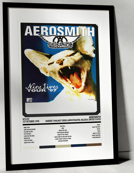 Aerosmith Nine Lives Hardee's Walnut Creek Amphitheatre Raleigh 1st October 1998 - Setlist Tour Poster - Setlist