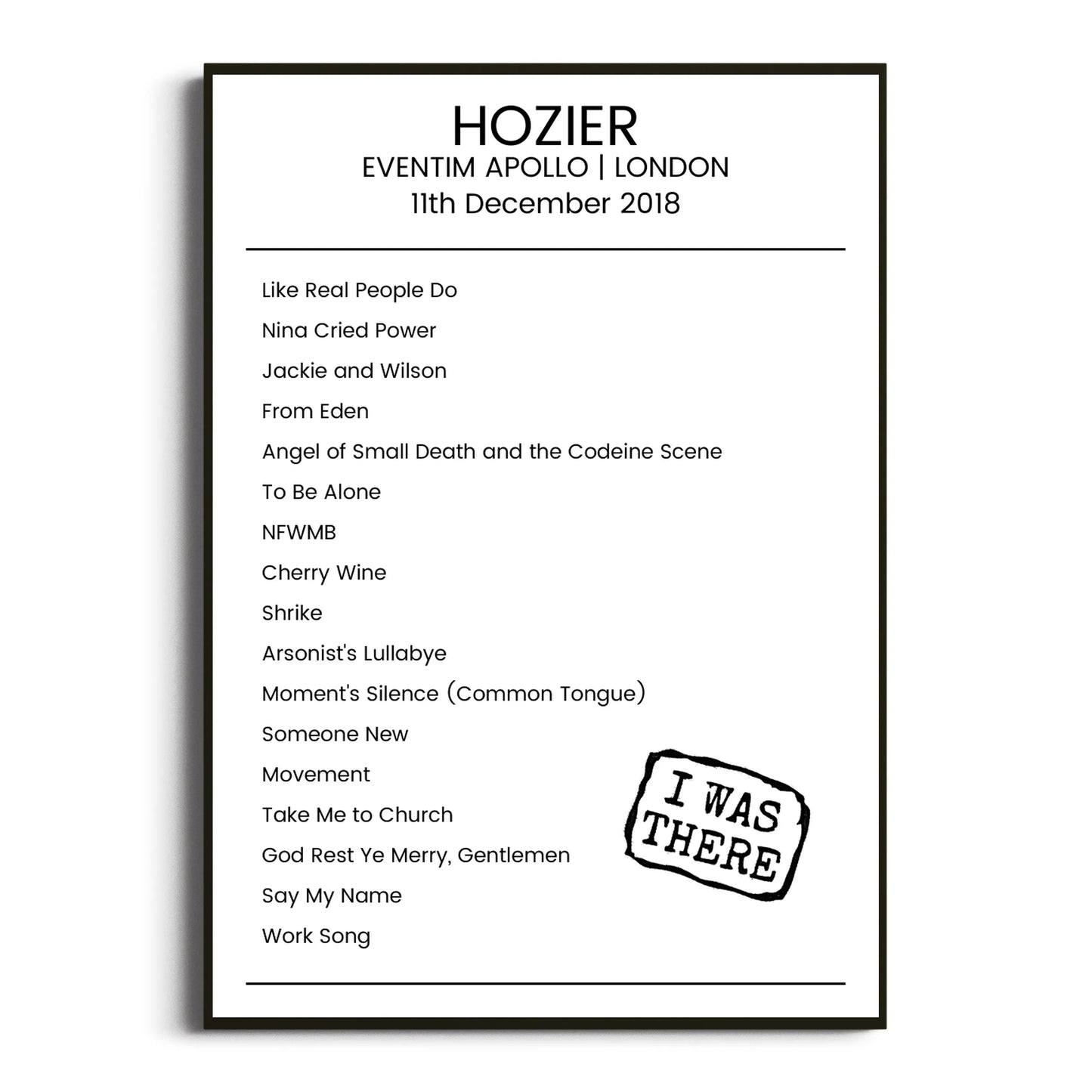 Hozier London 11 December 2018 Setlist Poster