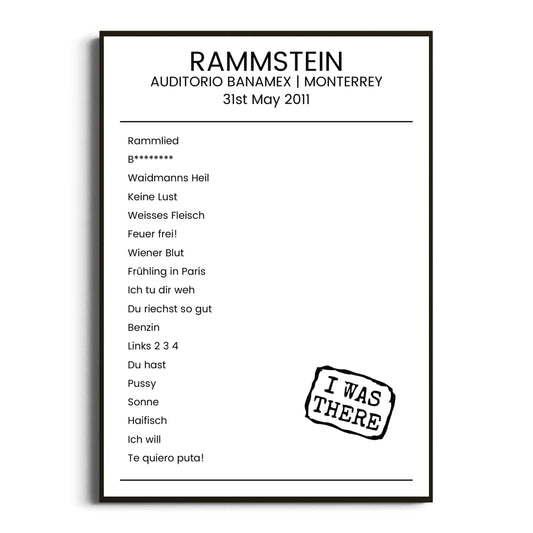 Rammstein Monterrey 31 May 2011 Setlist Poster