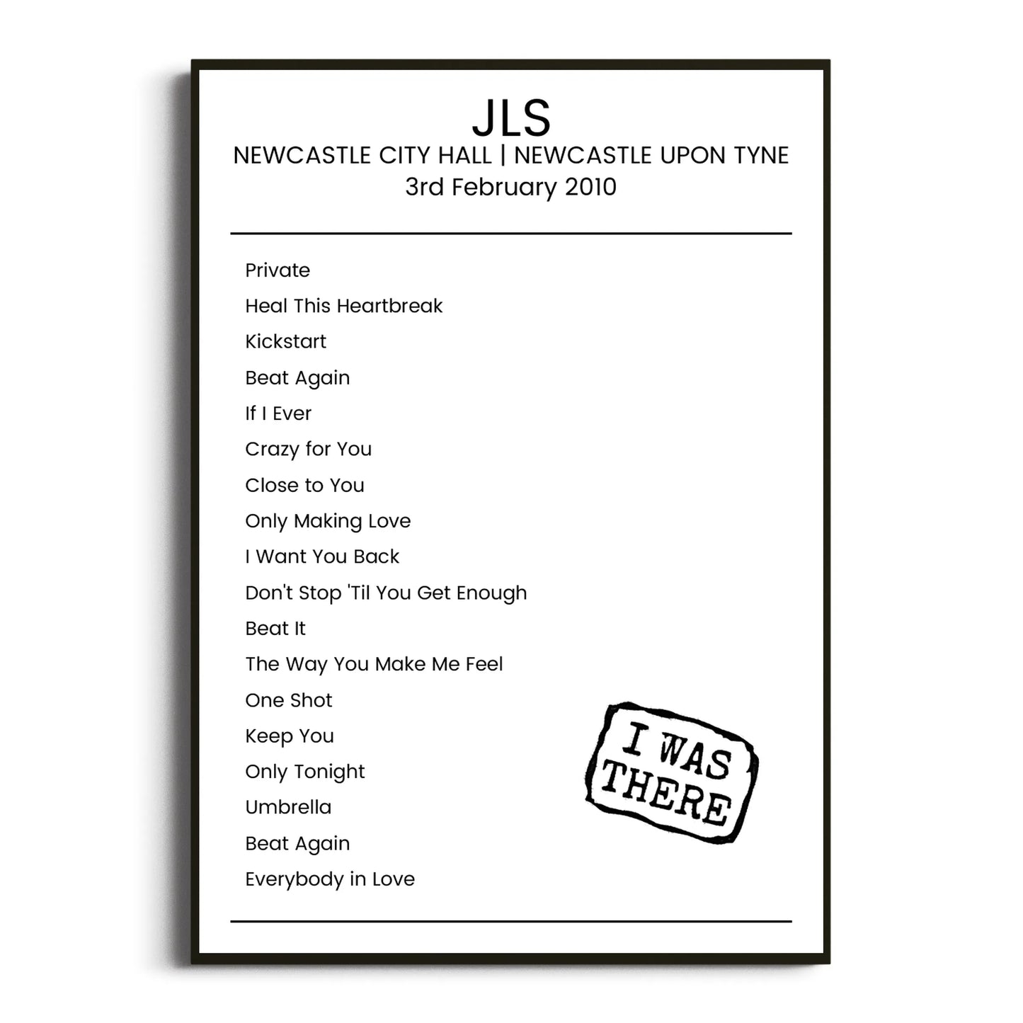 JLS Newcastle upon Tyne 03 February 2010 Setlist Poster