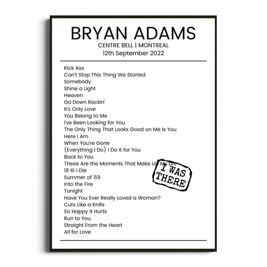 Bryan Adams Montreal 12 September 2022 Setlist Poster