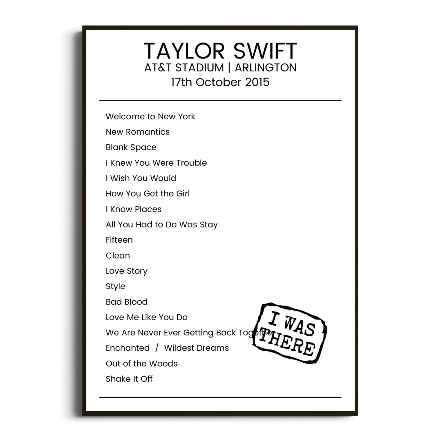 Taylor Swift Arlington 17 October 2015 Setlist Poster