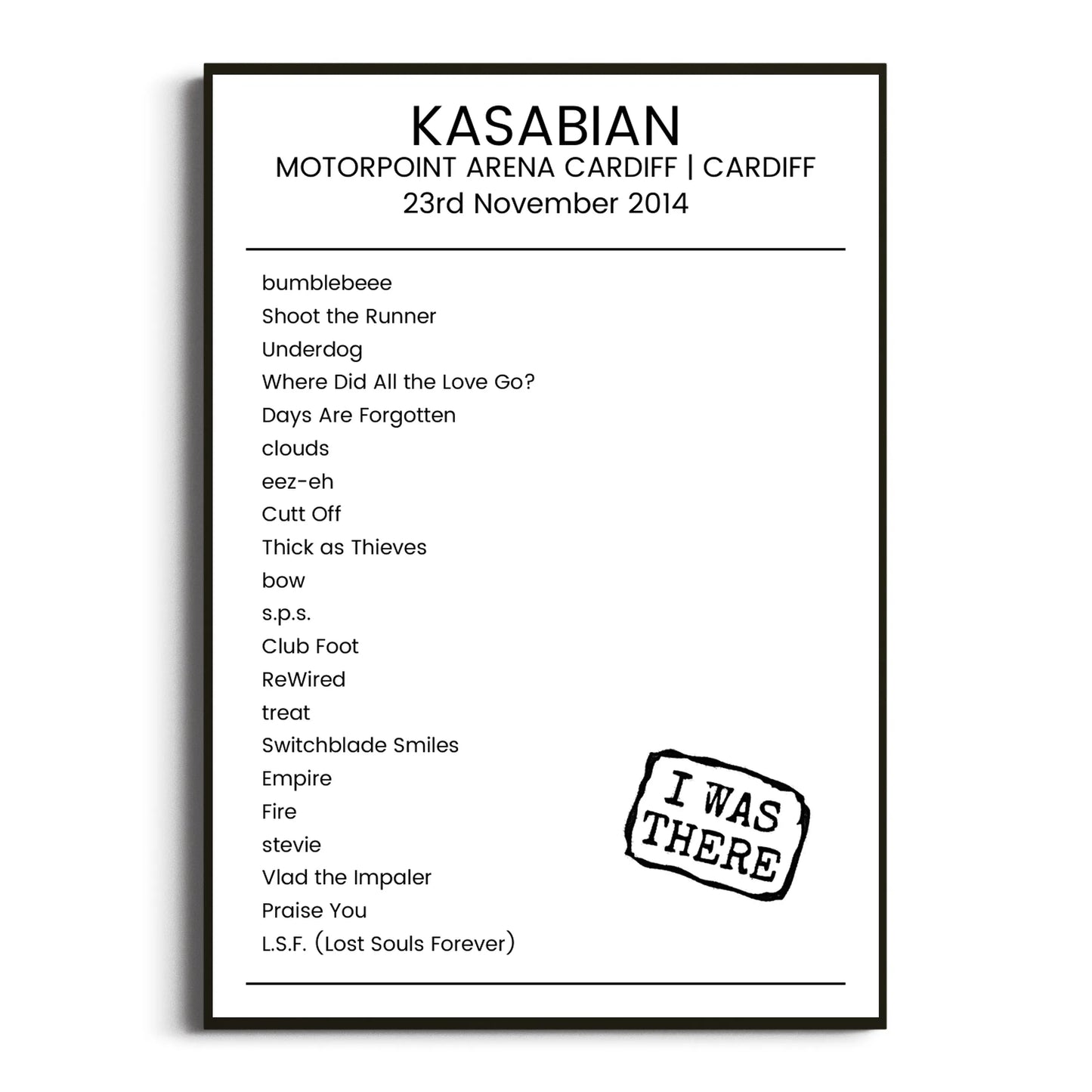 Kasabian Cardiff 23 November 2014 Setlist Poster