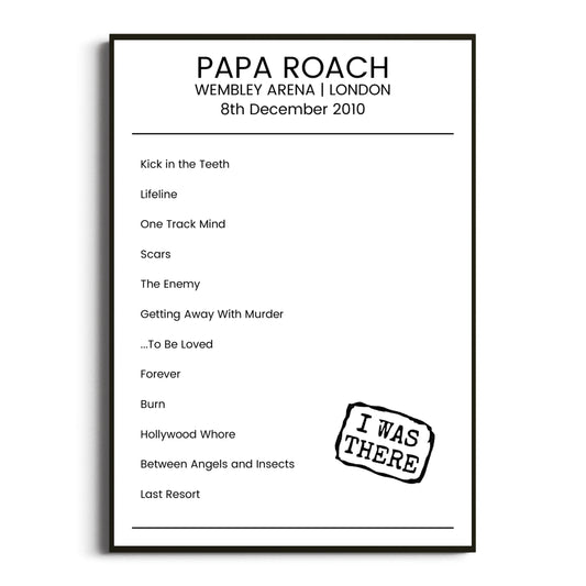 Papa Roach London 08 December 2010 Setlist Poster