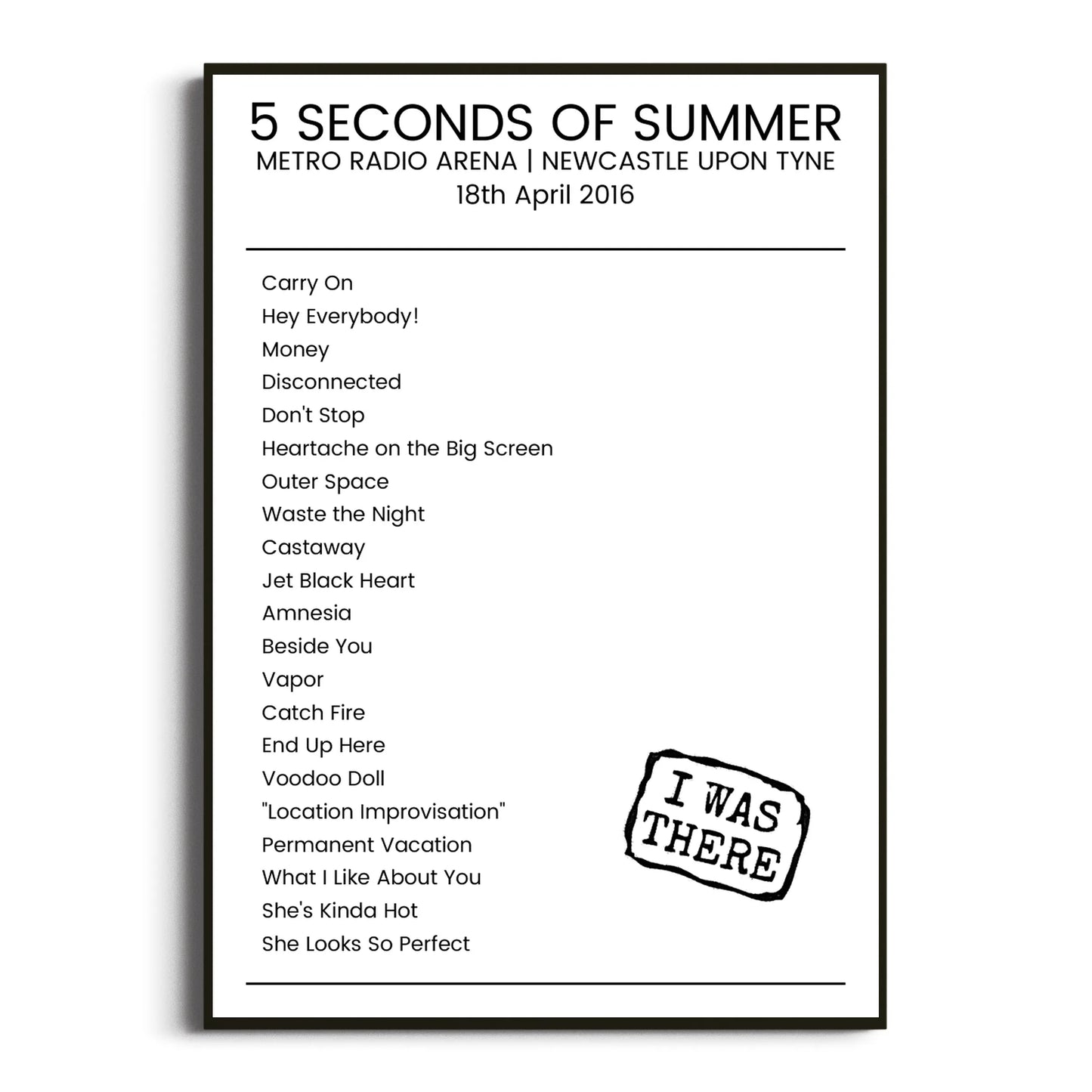 5 Seconds of Summer Newcastle upon Tyne 18 April 2016 Setlist Poster