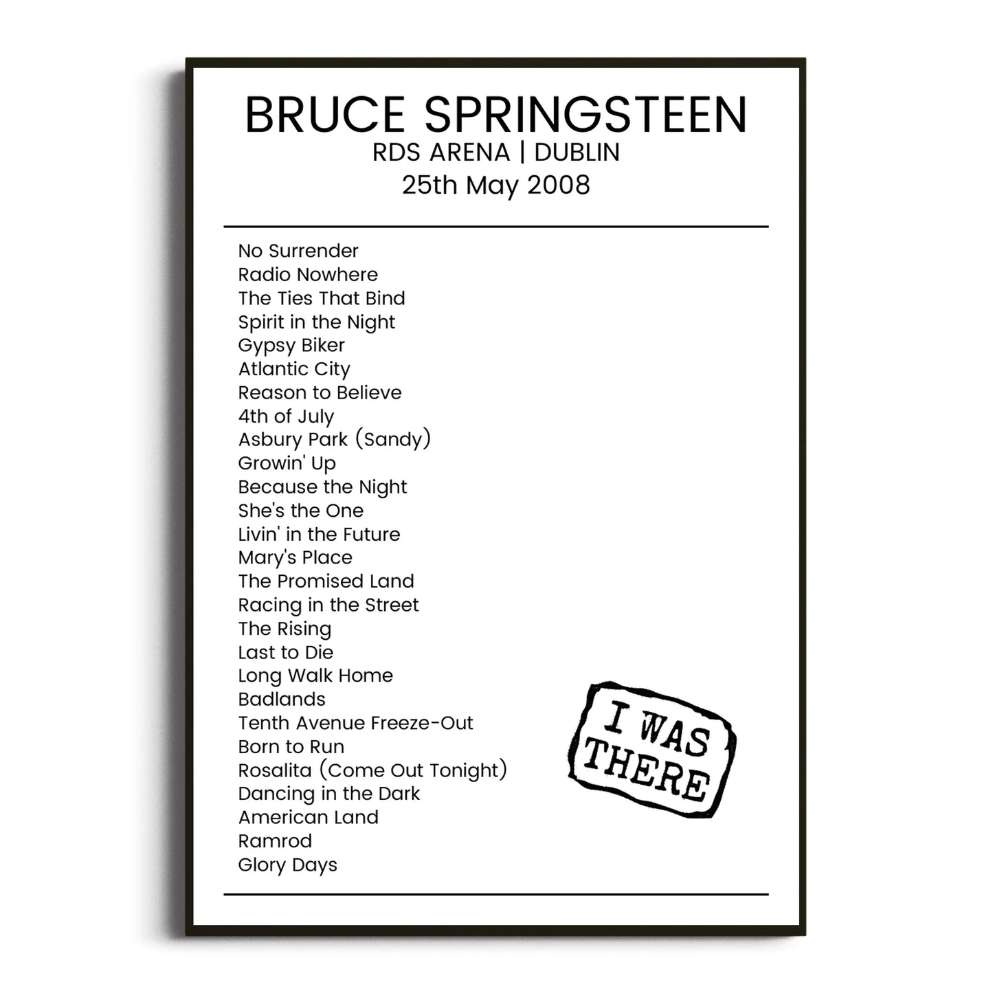 Bruce Springsteen Dublin 25 May 2008 Setlist Poster