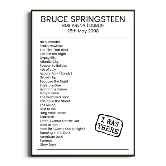 Bruce Springsteen Dublin 25 May 2008 Setlist Poster