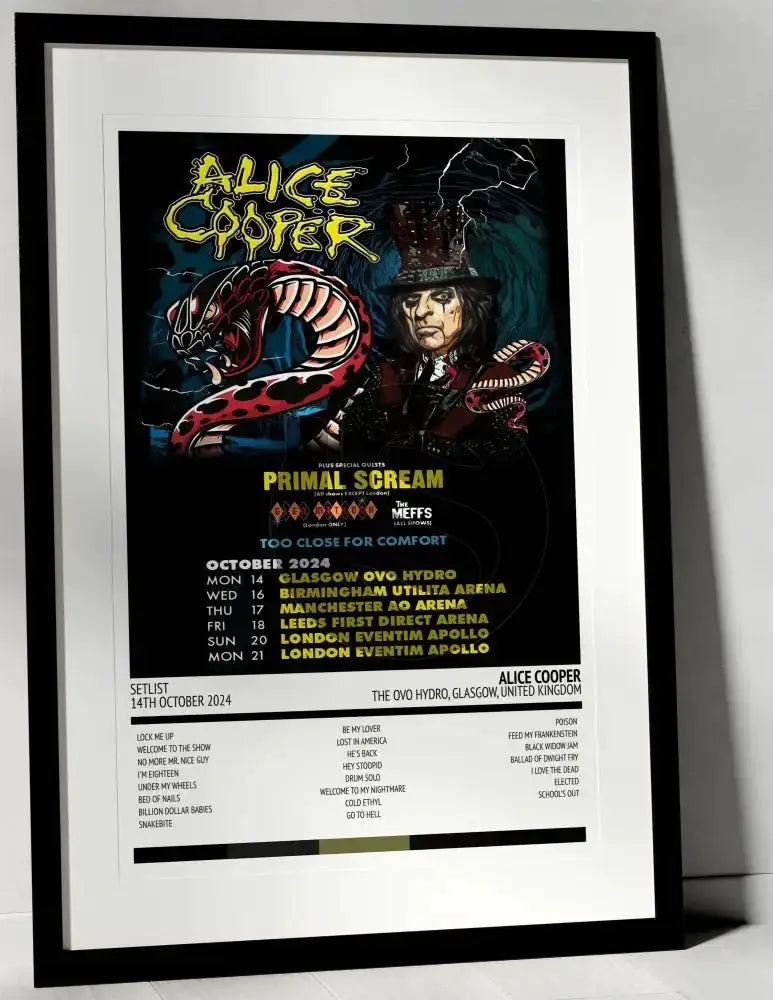 Alice Cooper Too Close for Comfort The OVO Hydro Glasgow 14th October 2024 - Setlist Tour Poster - Setlist