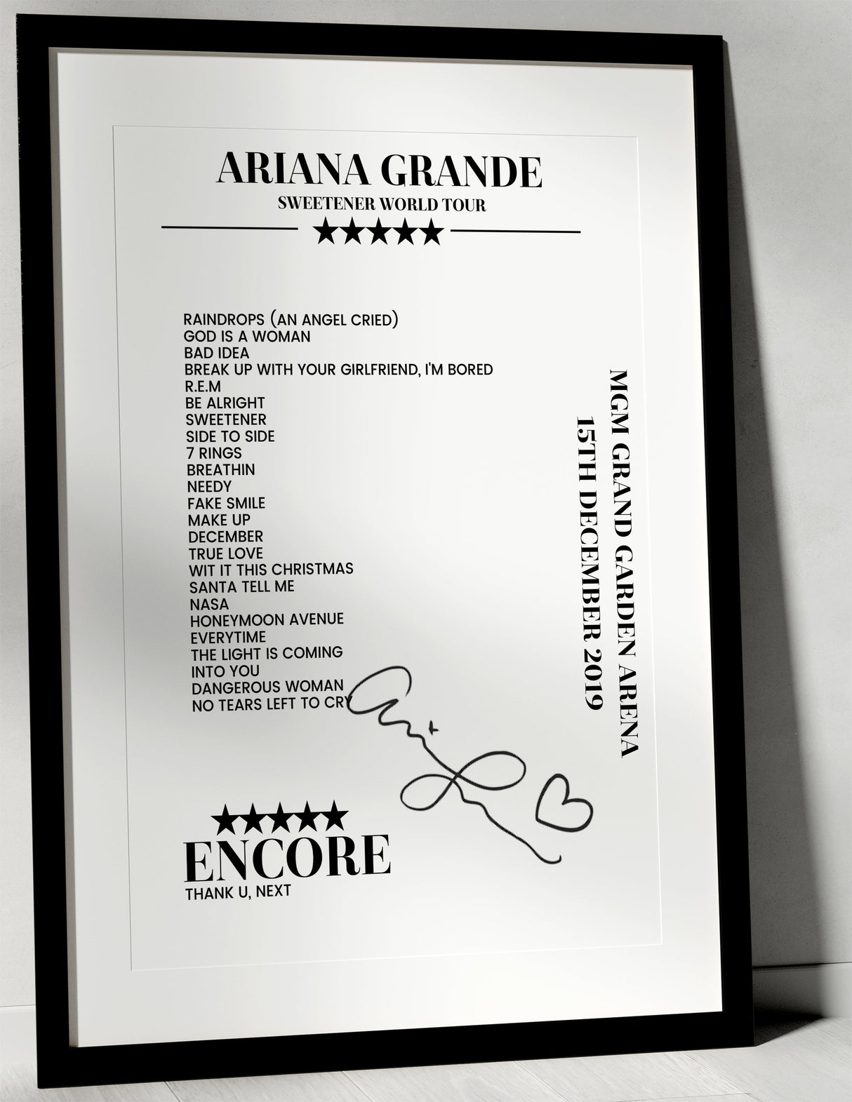 Ariana Grande 15th December 2019 MGM Grand Garden Arena Las Vegas Setlist Poster - Setlist