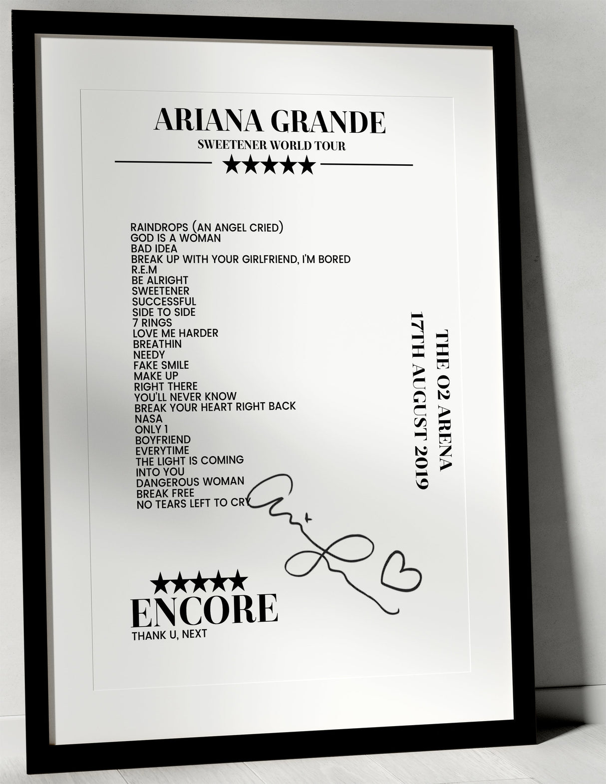 Ariana Grande 17th August 2019 The O2 Arena London Setlist Poster - Setlist