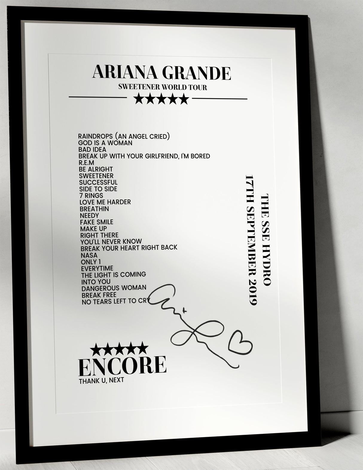 Ariana Grande 17th September 2019 The SSE Hydro Glasgow Setlist Poster - Setlist