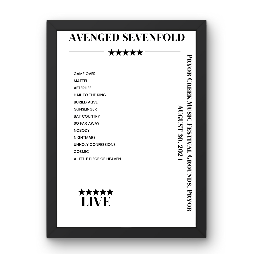 Avenged Sevenfold August 30, 2024 Pryor Creek Music Festival Grounds Pryor Setlist Poster - Setlist