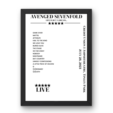 Avenged Sevenfold July 28, 2023 Credit Union 1 Amphitheatre Tinley Park Setlist Poster - Setlist