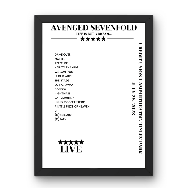 Avenged Sevenfold July 28, 2023 Credit Union 1 Amphitheatre Tinley Park Setlist Poster - Setlist