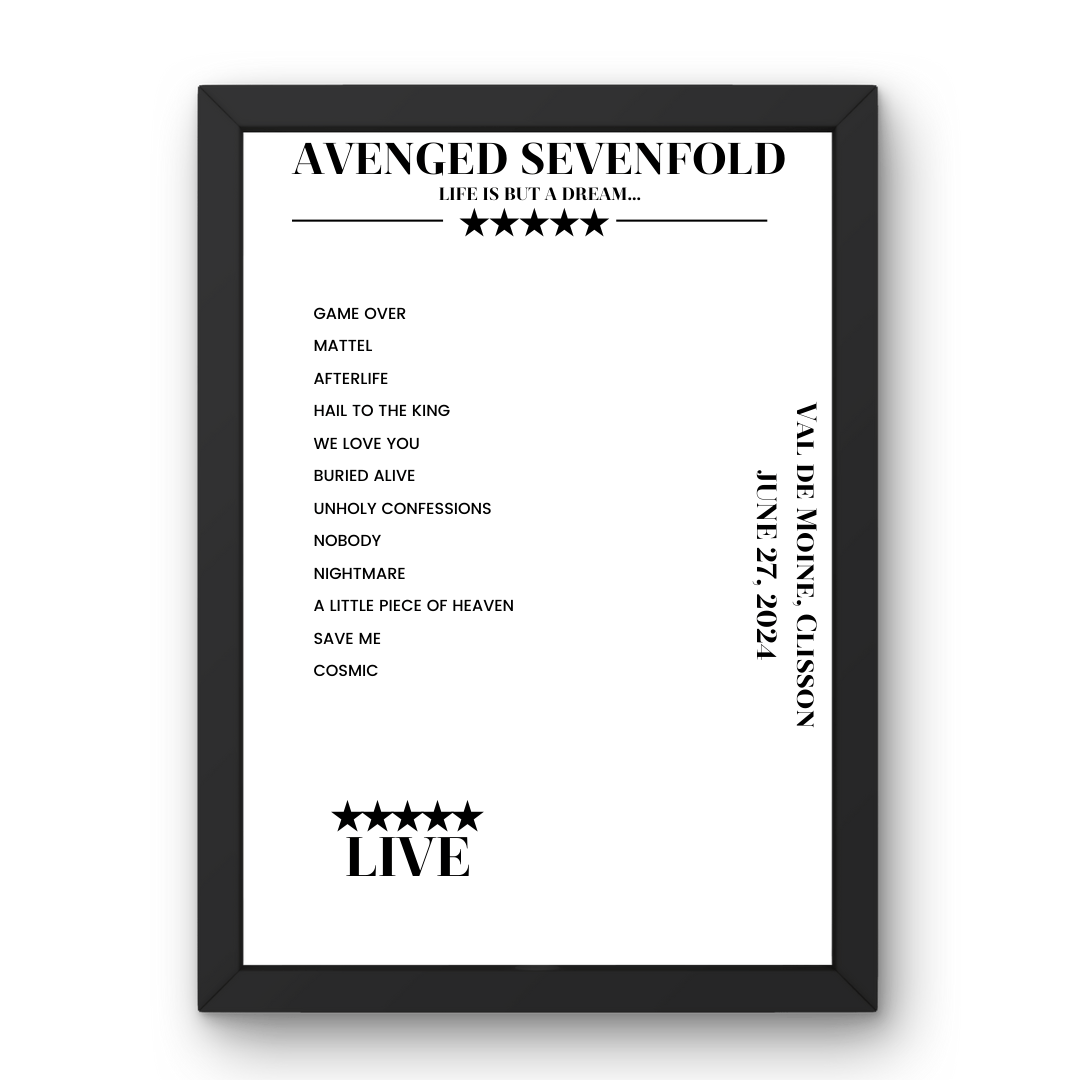 Avenged Sevenfold June 27, 2024 Val de Moine Clisson Setlist Poster - Setlist