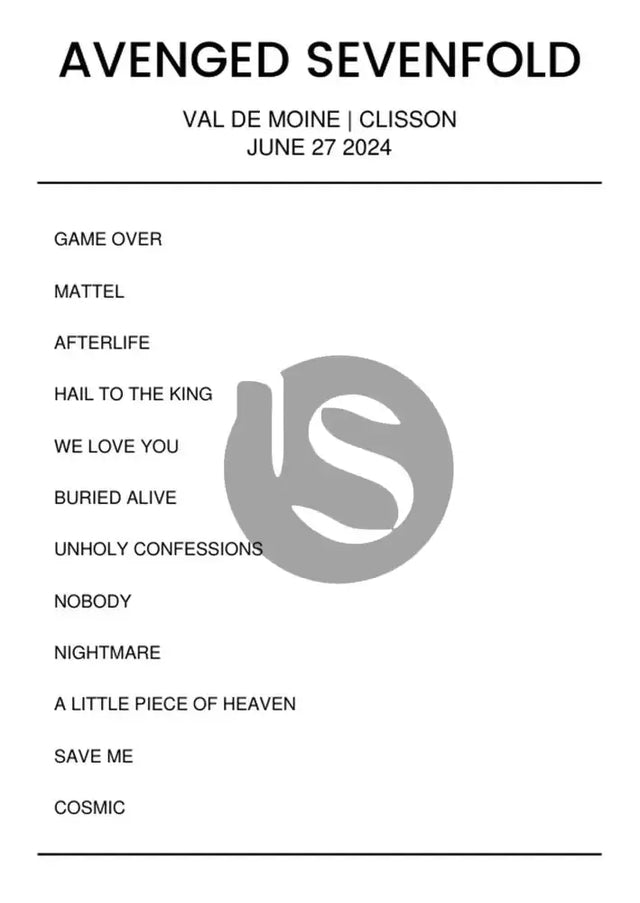 Avenged Sevenfold June 27, 2024 Val de Moine Clisson Setlist Poster - Setlist