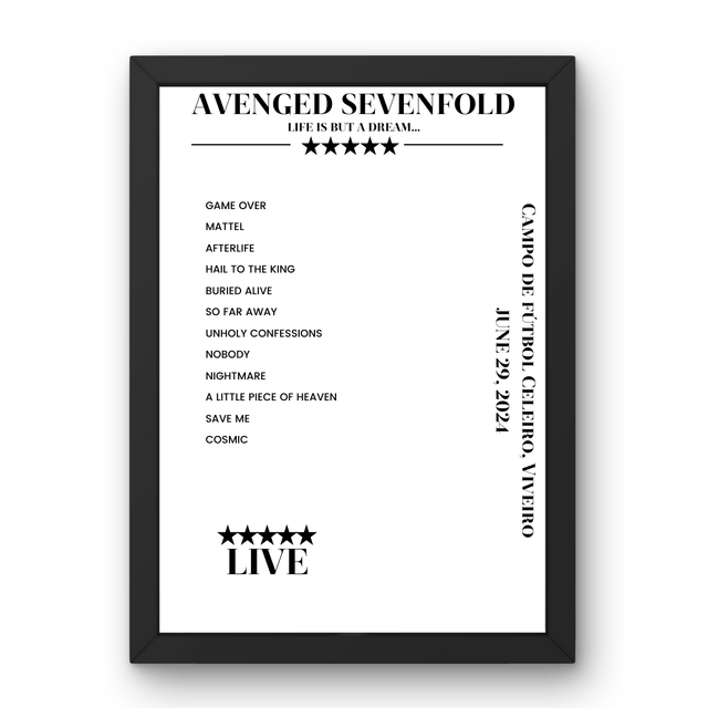 Avenged Sevenfold June 29, 2024 Campo de fútbol Celeiro Viveiro Setlist Poster - Setlist