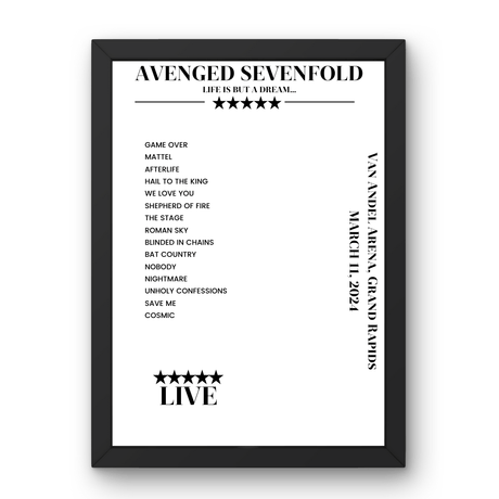 Avenged Sevenfold March 11, 2024 Van Andel Arena Grand Rapids Setlist Poster - Setlist